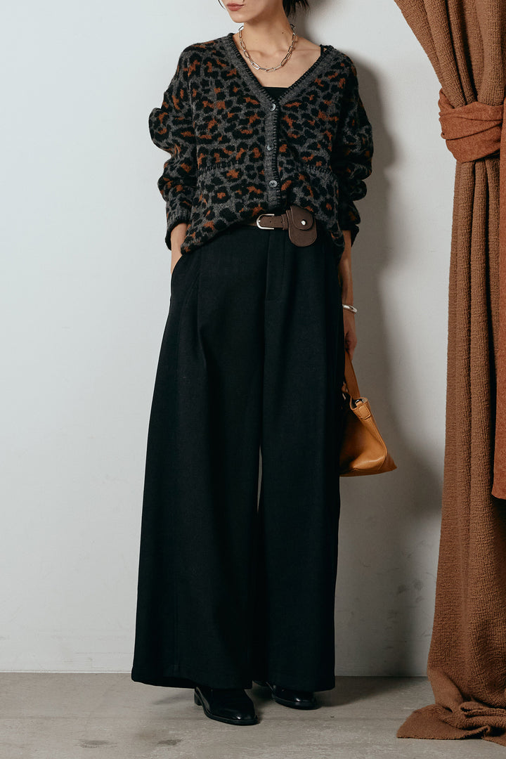 [SET]ステッチデザインレオパードニットカーディガン+ポーチベルト付きカーブパンツ(2set)