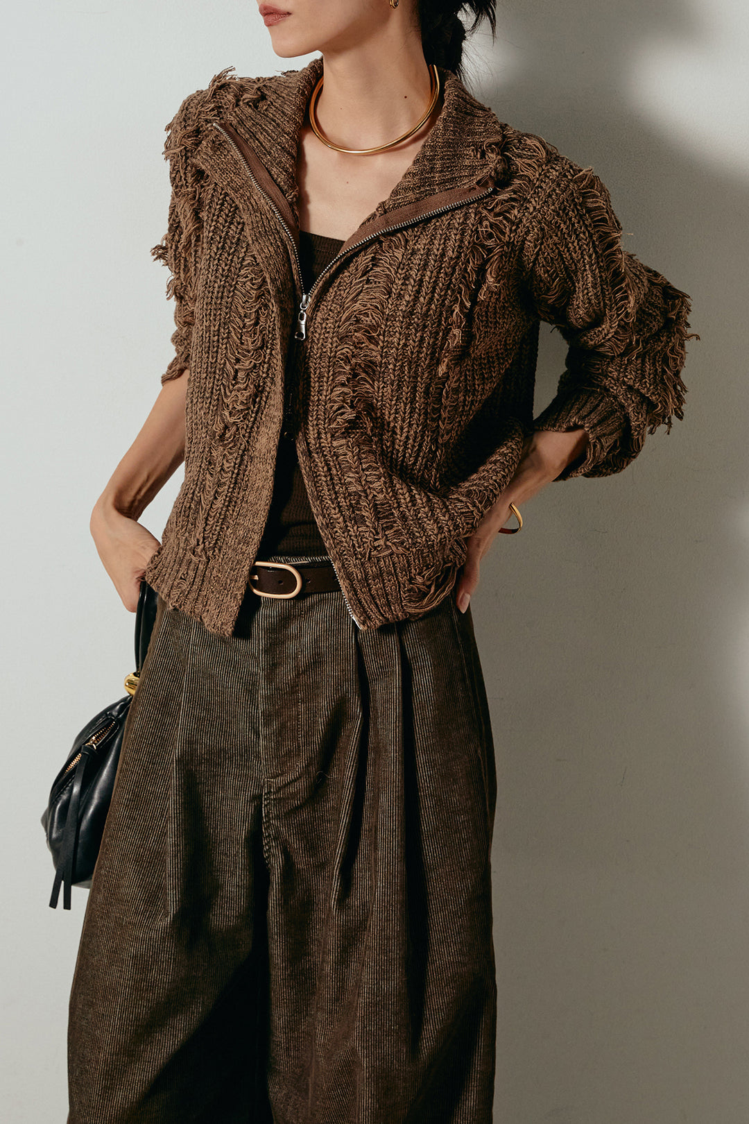 [SET]ハイネックフリンジジップニットトップス+フロントタック入りコーデュロイパンツ(2set)