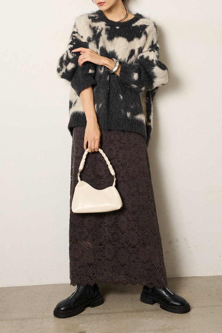 [SET]モヘアタッチマーブルニット+花柄刺繍ベロアフレアスカート(2set)