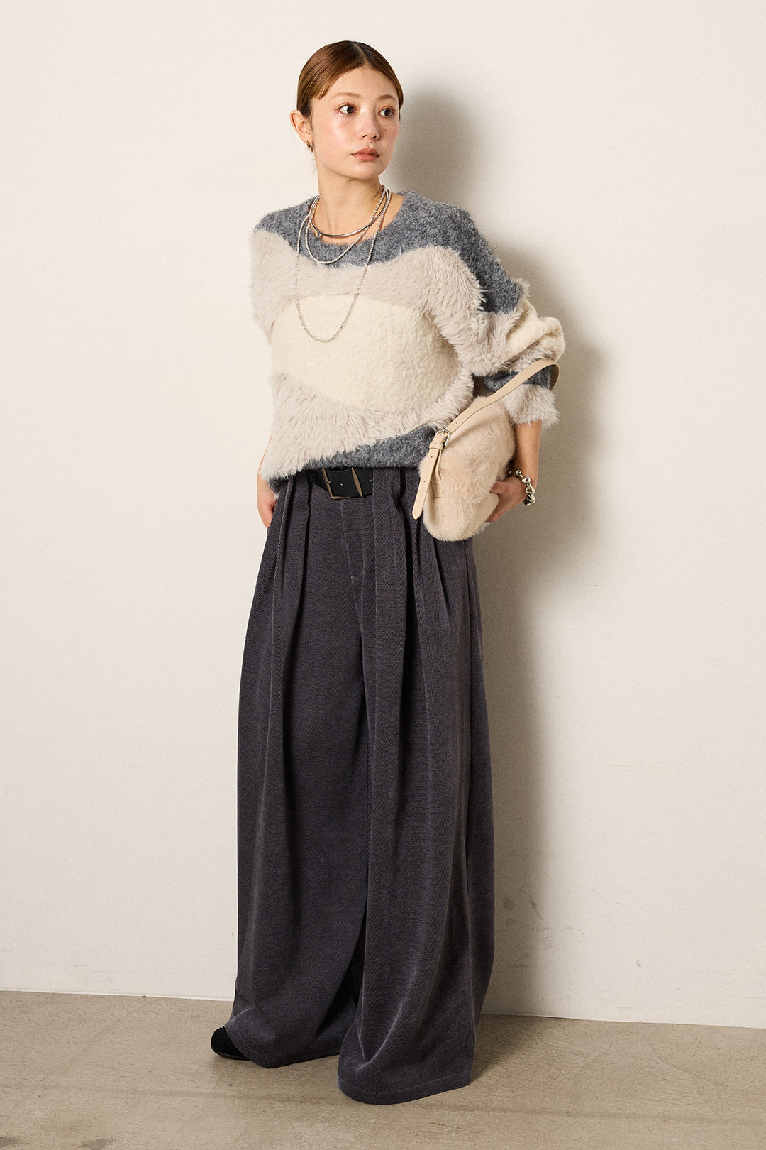 [SET]シャギーウェーブ柄クルーネックニットトップス+ベルトループコーデュロイワイドパンツ(2set)