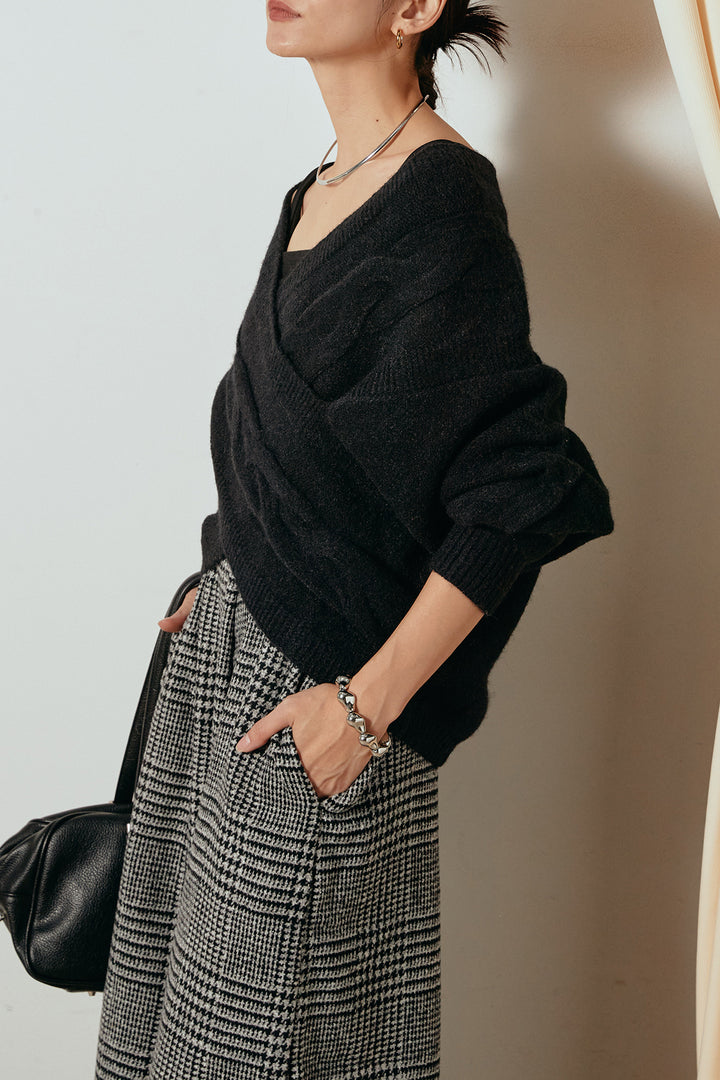 [SET]ケーブルカシュクールニットトップス+前後2wayグレンチェック柄スカーチョサロペット(2set)