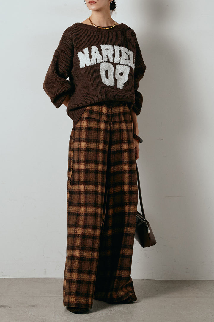 [SET]ロゴジャガードニットトップス+ルーズタータンチェックワイドパンツ(2set)
