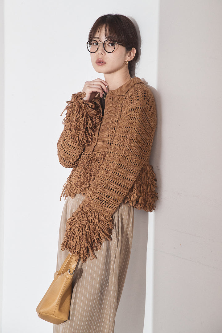 [SET]メッシュフリンジカーディガン+ヘリンボーンストライプツータックパンツ(2set)