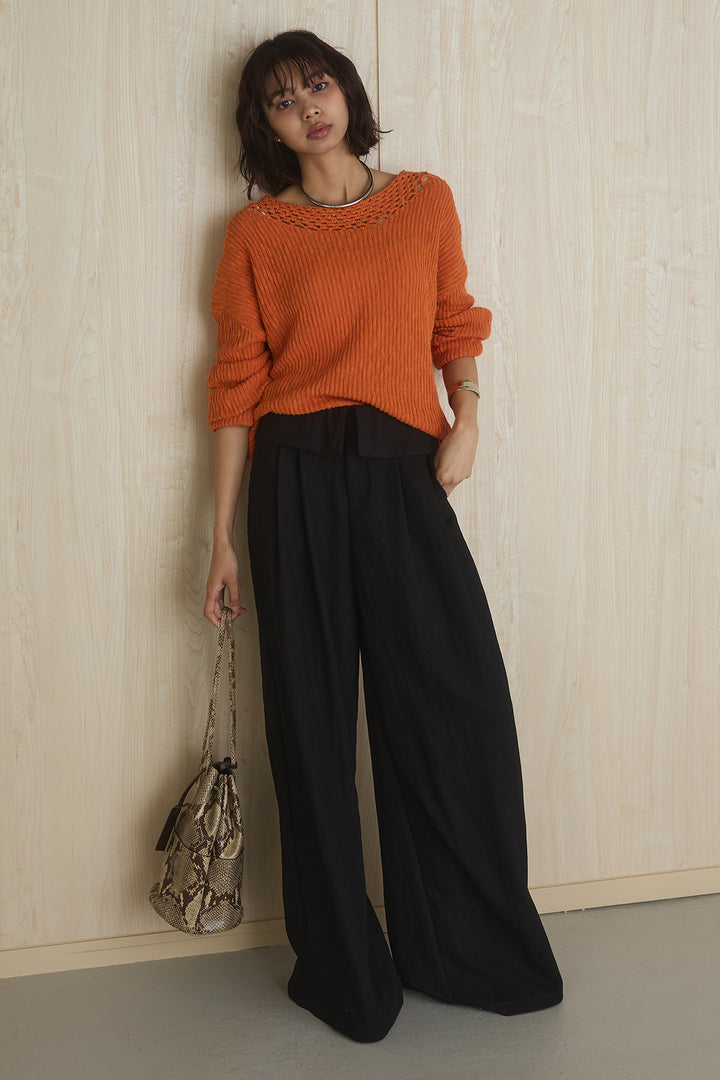 [SET]ネック編みデザインニットトップス+ウエスト折り返しワイドパンツ(2set)