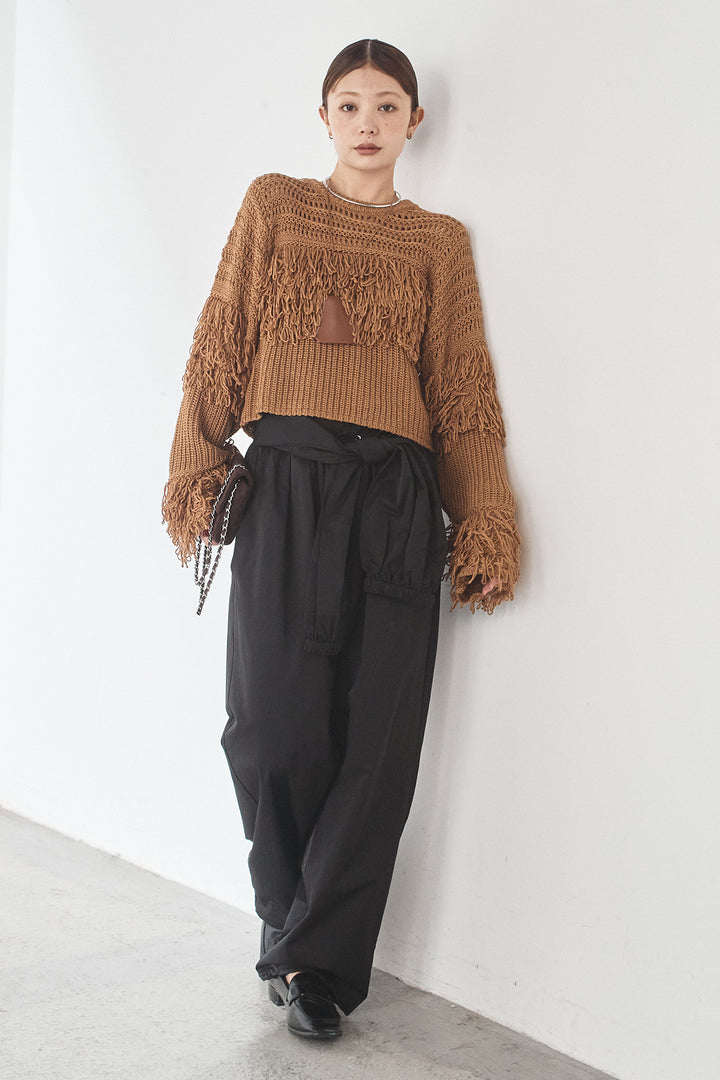 [SET]メッシュフリンジ切り替えプルオーバー+合繊ツイルスタンドウエスト巻きジョガーパンツ(2set)