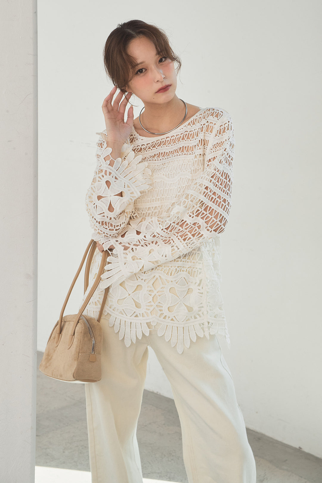 [SET]裾デザインメッシュプルオーバー+スプリングカラーデニムパンツ(2set)