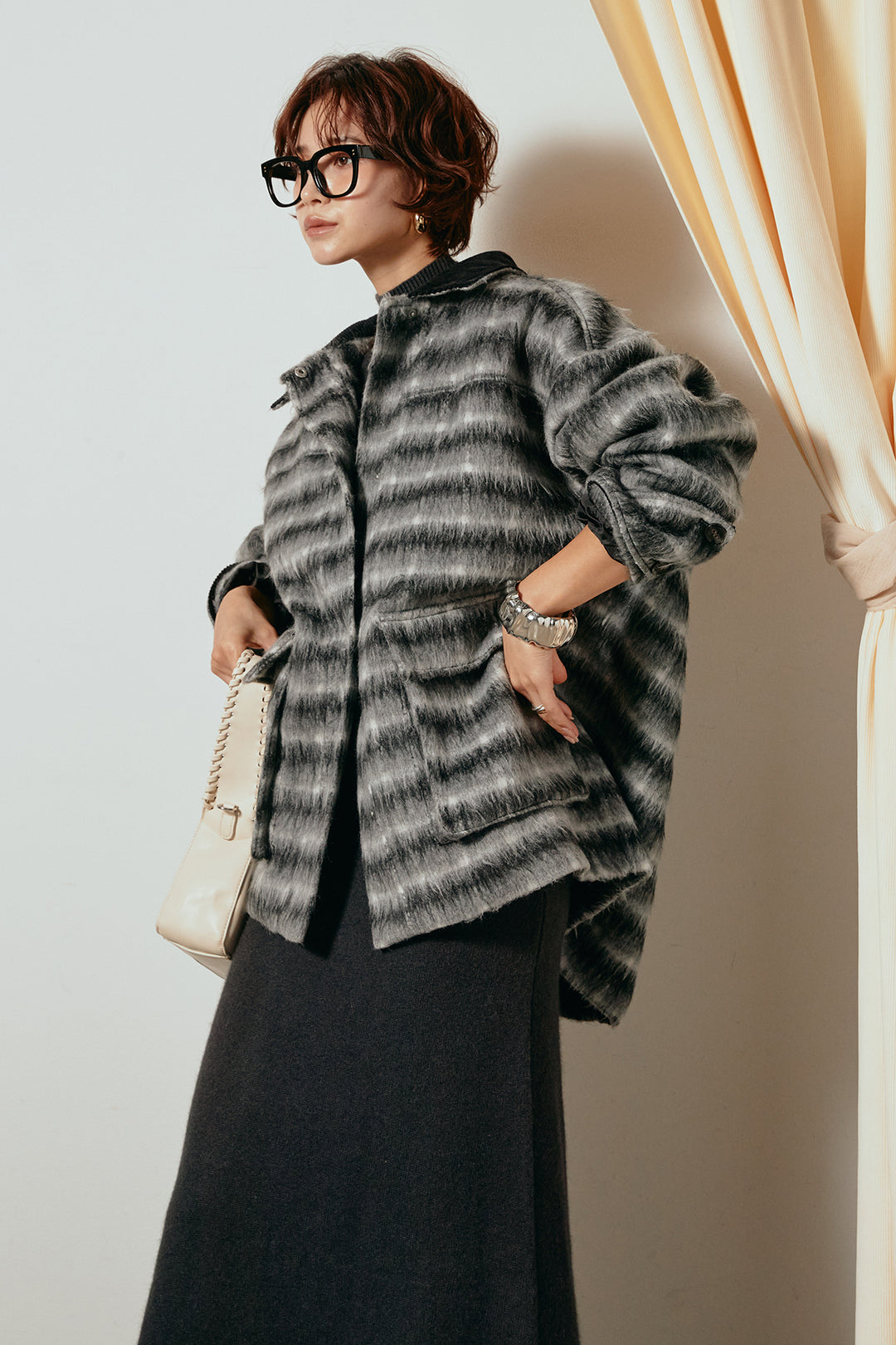 [SET]チェックシャギーミドルカバーオール+ノースリーブニットロングワンピース(2set)