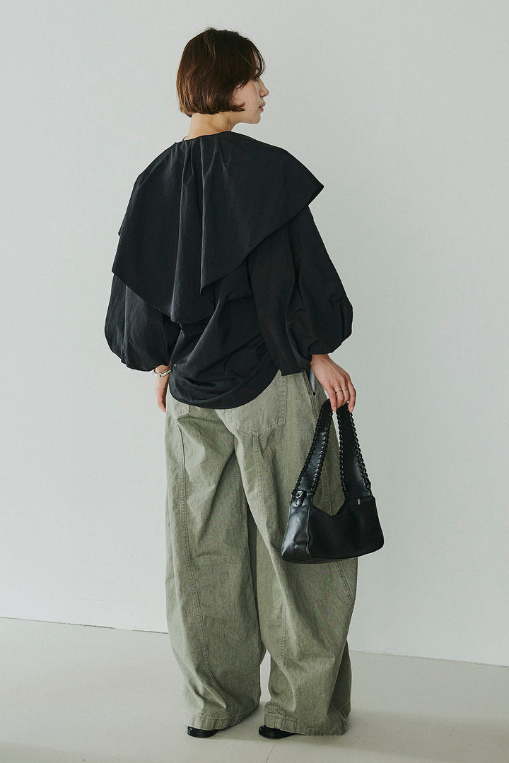 [SET]ケープカラーナイロンブラウス+サイドベルトカーブワイドパンツ(2set)