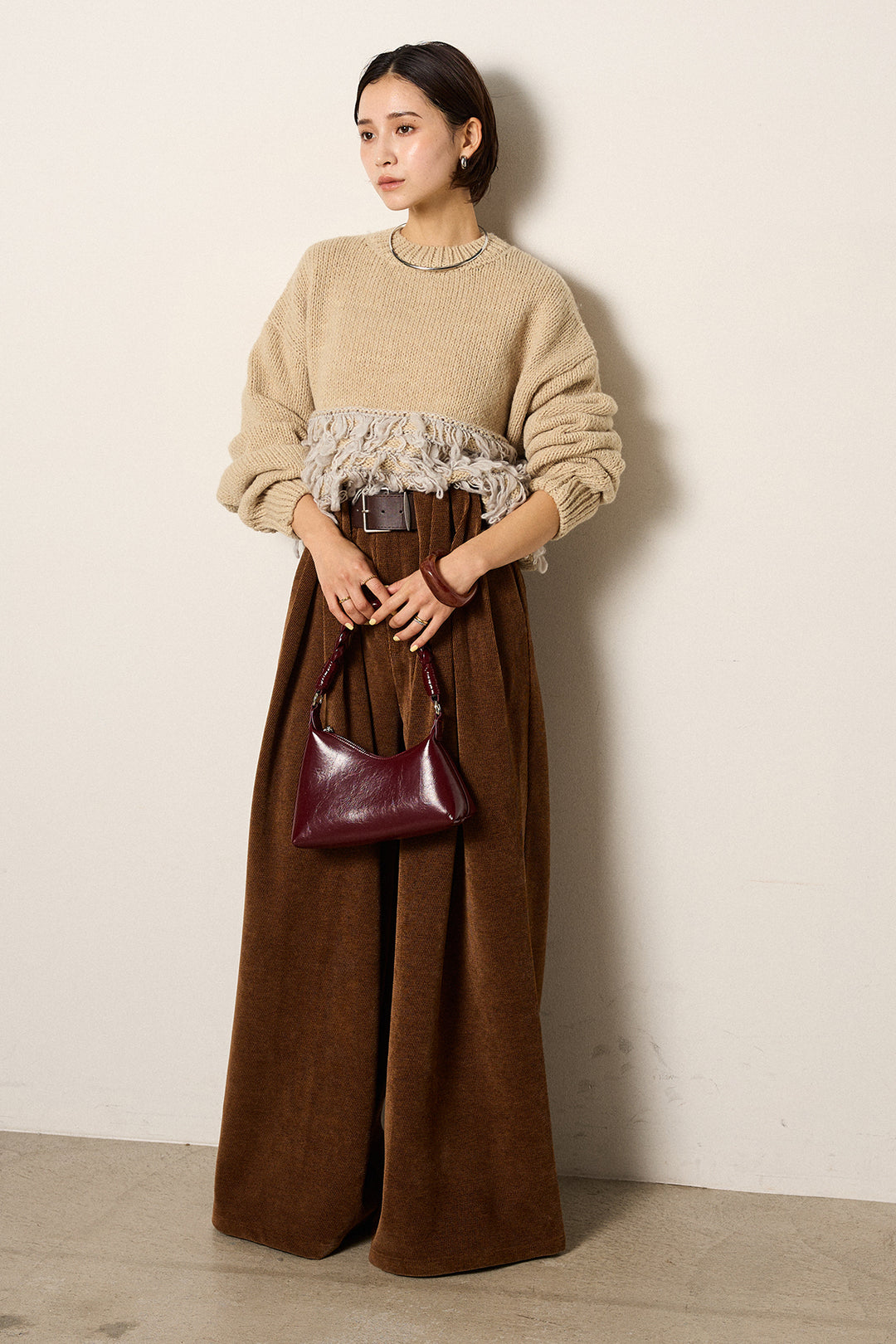 [SET]ループ編み切り替えニットプルオーバー+ベルトループコーデュロイワイドパンツ(2set)