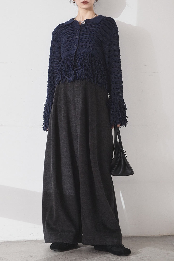 [SET]メッシュフリンジカーディガン+ウールタッチカーブワイドパンツ(2set)