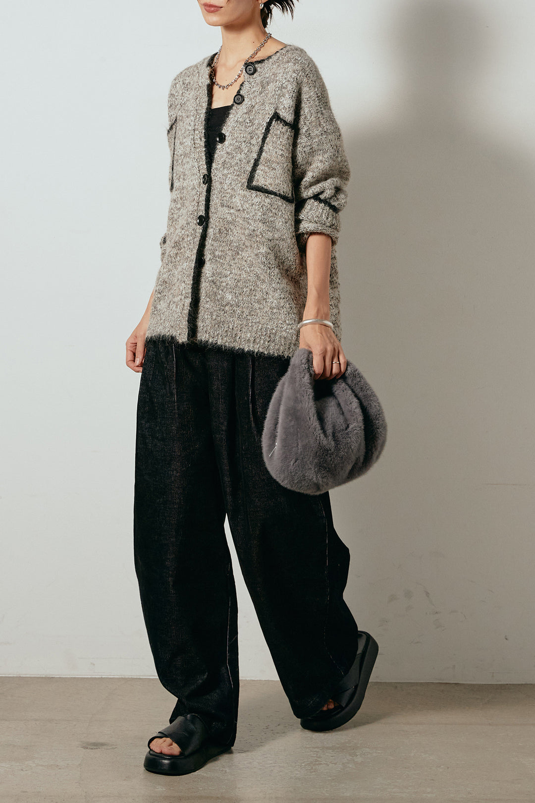 [SET]ミックスニットポケットカーディガン+フロントタック入りコーデュロイパンツ(2set)