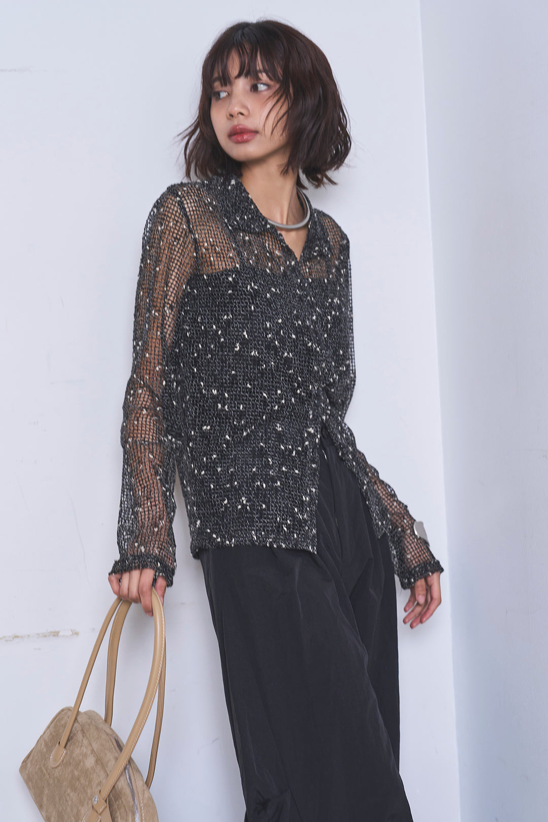 [SET]ネップメッシュポロ襟カーディガン+ドライタフタタックバレルパンツ(2set)