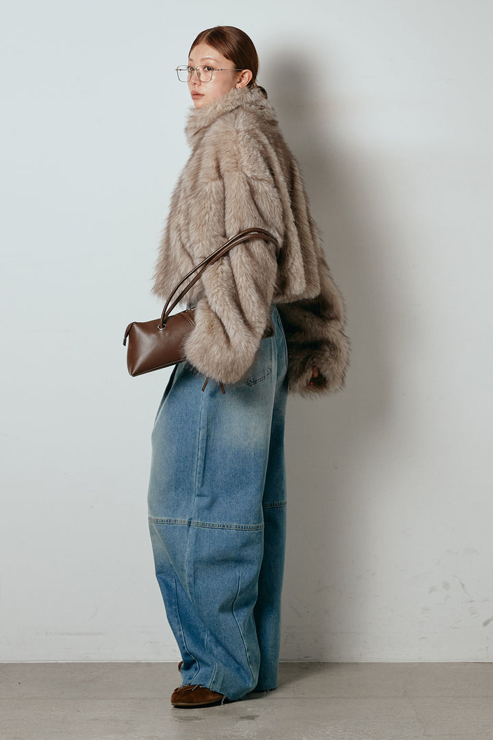 [SET]エコファーショート丈ブルゾン+加工デニムタックコクーンワイドパンツ(2set)