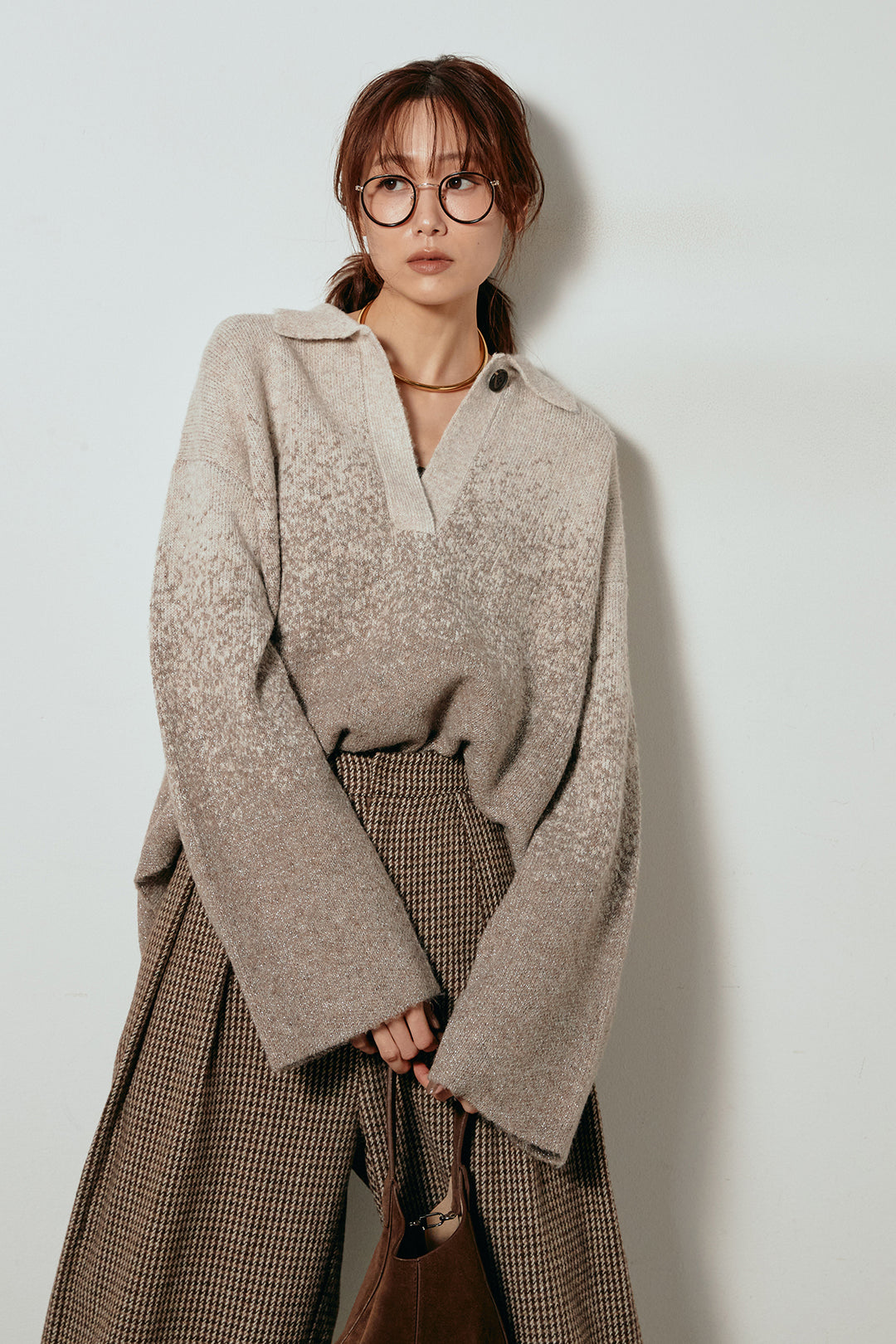 [SET]グラデーションラメニットキーネックプルオーバー+ガンクラブチェックタックパンツ(2set)