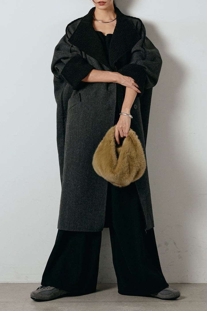 [SET]裏地ボアハイネックロングアウター+フェイクレザー太ベルト付きタックワイドパンツ(2set)