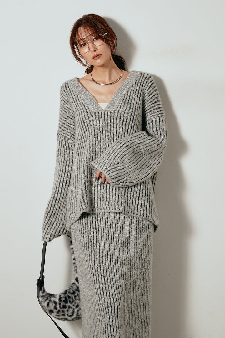 [SET]アルパカタッチ深Vニットトップス+アルパカタッチニットタイトスカート(2set)