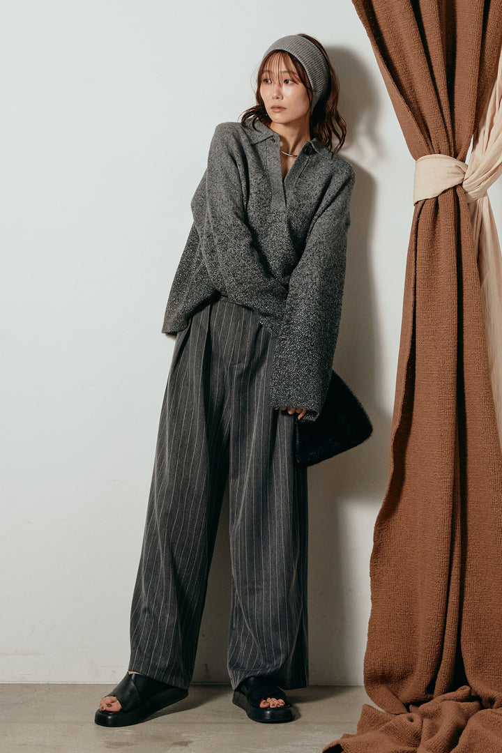 [SET]グラデーションラメニットキーネックプルオーバー+ストライプヘリンボーンパンツ(2set)