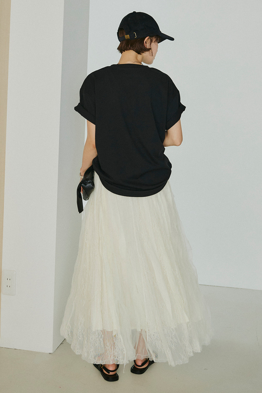 [SET]レースロゴ刺繍Tシャツ+レースコンビワッシャーギャザースカート(2set)