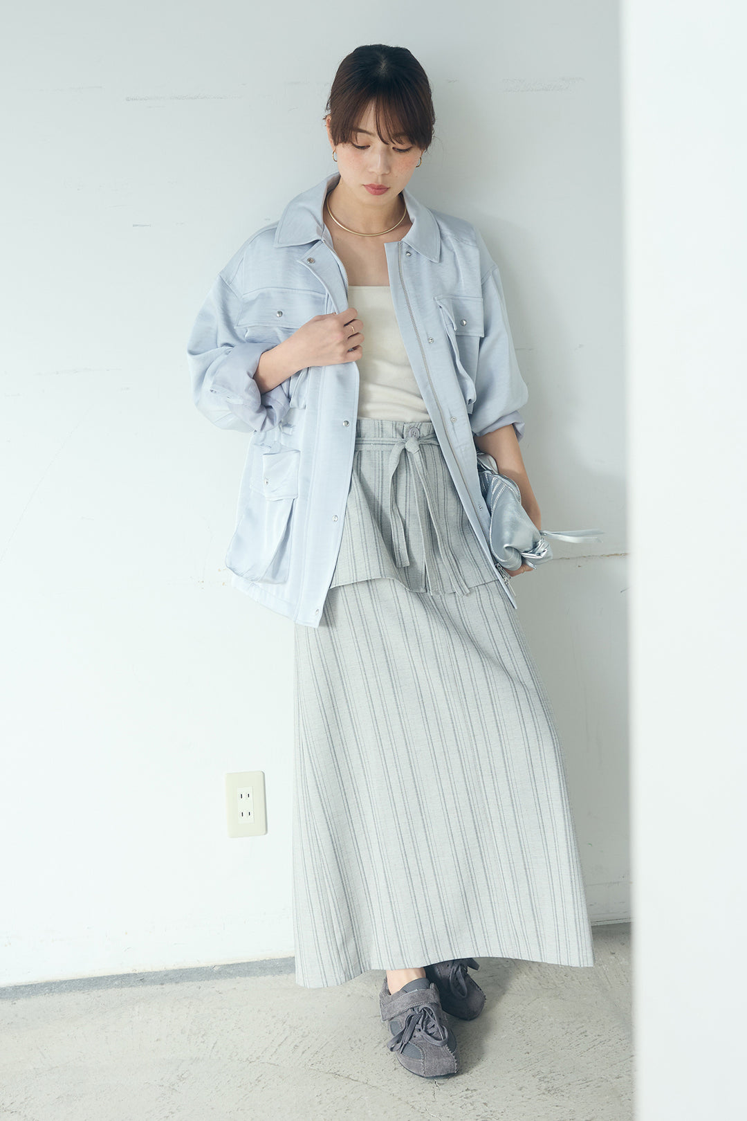 [SET]サテンライトブルゾン+ラップ巻きピンストライプワイドスカート(2set)