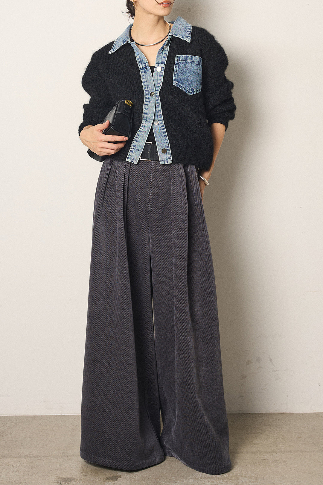 [SET]襟付きデニム切替ニットカーディガン+ベルトループコーデュロイワイドパンツ(2set)