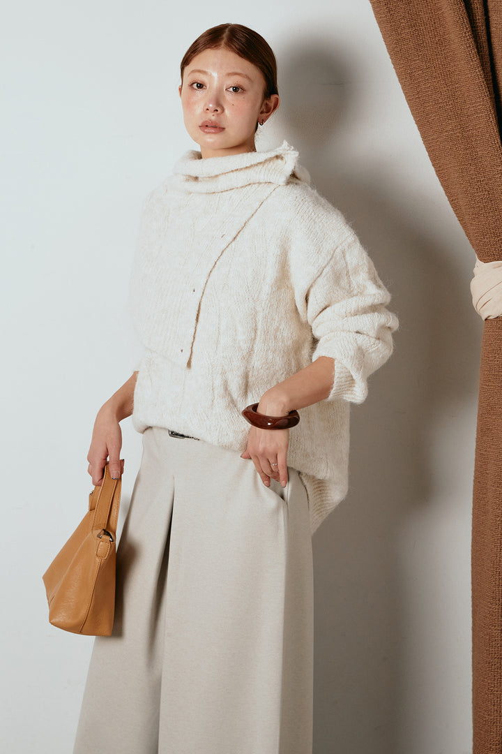 [SET]ケープデザインケーブルニットトップス+ベルト付きフロントタックデザインパンツ(2set)