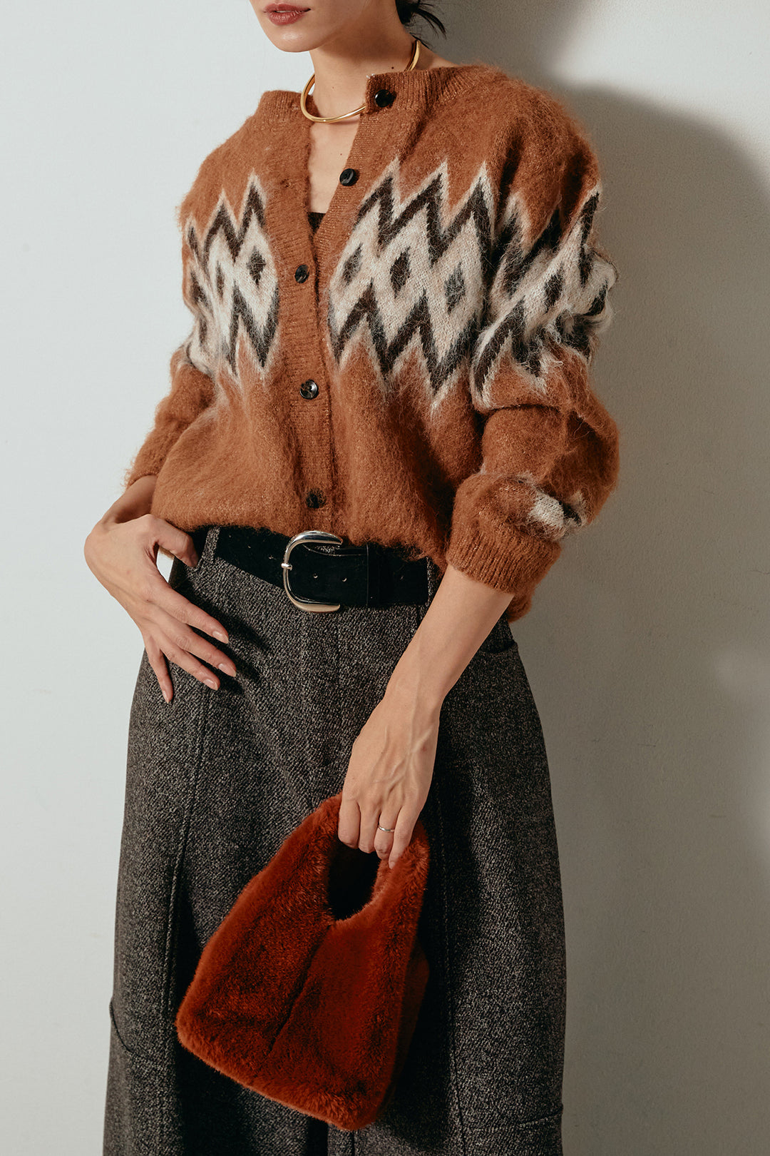 [SET]起毛ノルディック柄ニットカーディガン+太ベルト付きツイードワイドパンツ(2set)