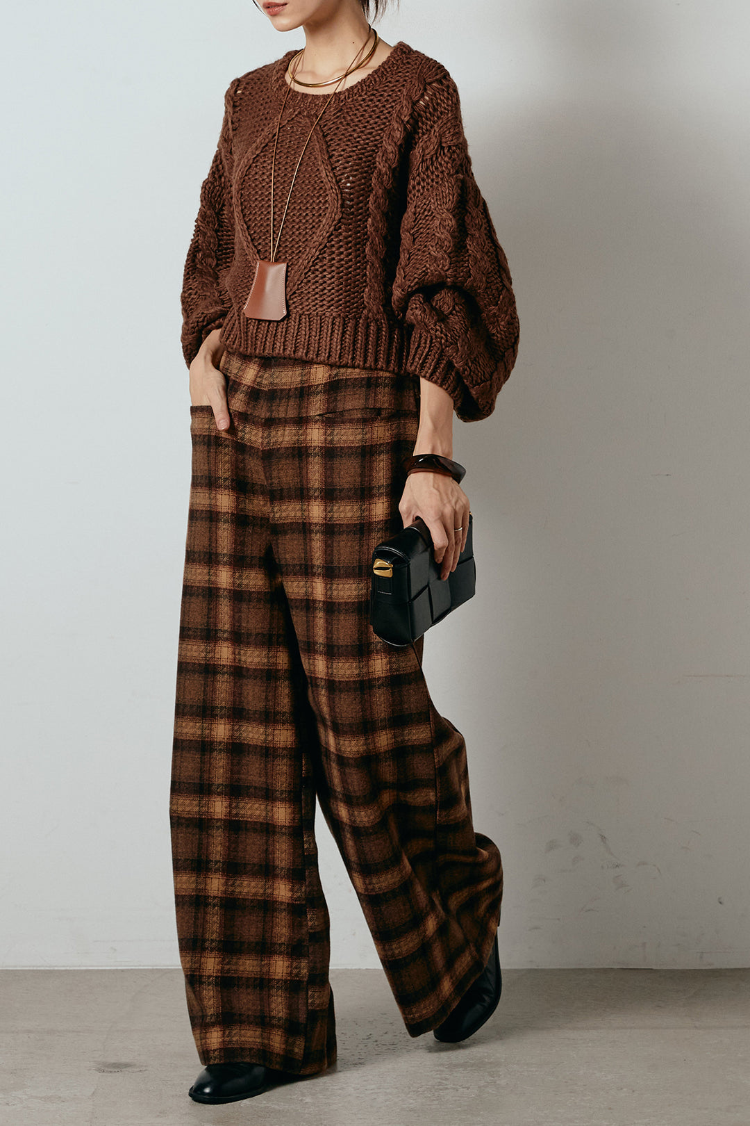[SET]ロービングケーブルショート丈プルオーバー+ルーズタータンチェックワイドパンツ(2set)