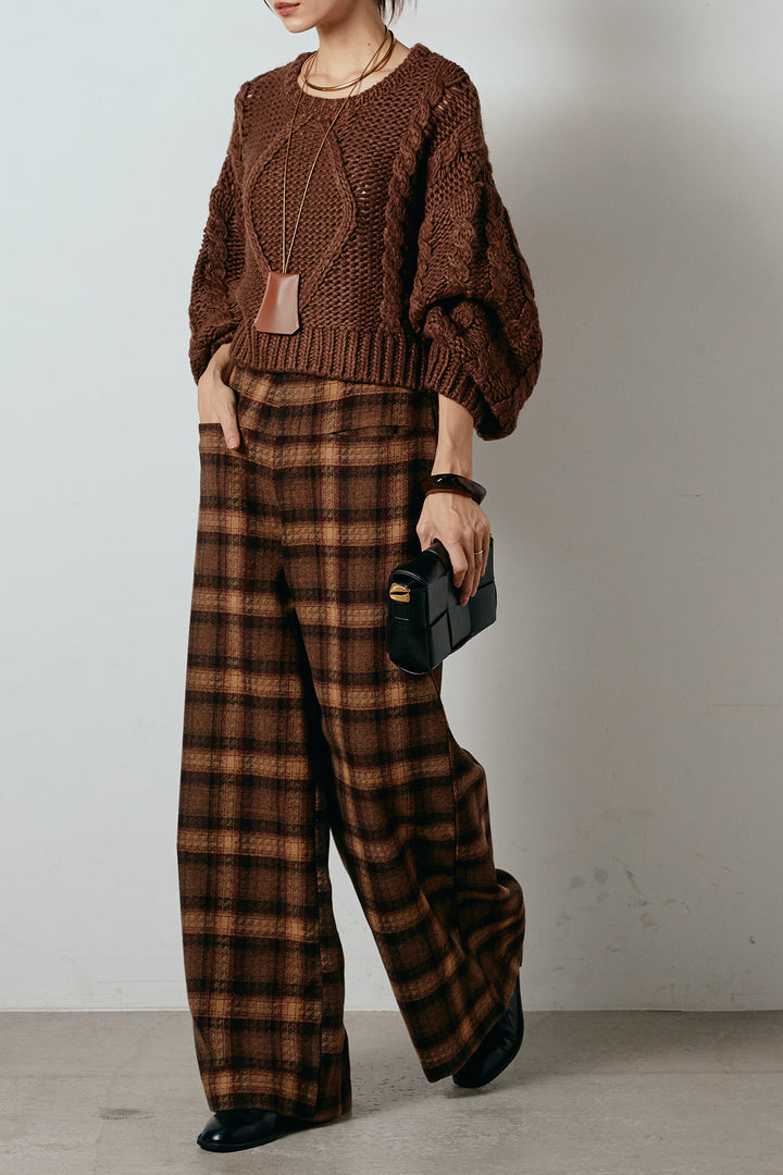 [SET]ロービングケーブルショート丈プルオーバー+ルーズタータンチェックワイドパンツ(2set)