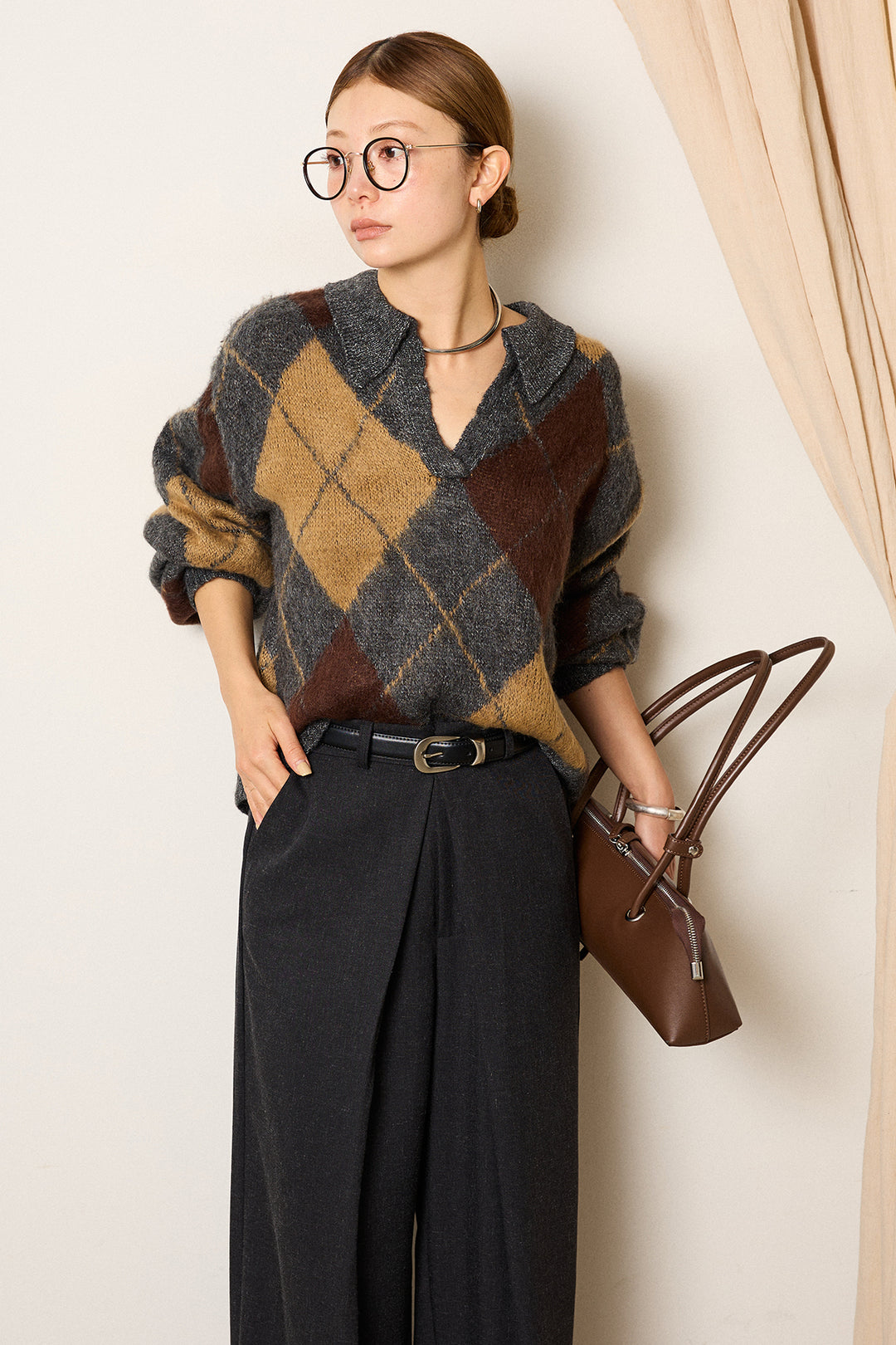 [SET]アクリルモヘアアーガイルキーネックプルオーバー+フロントワイドタックネップ入ワイドパンツ(2set)