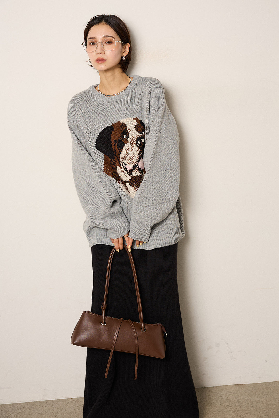 [SET]アニマルジャガード柄ニットトップス+リブナローニットスカート(2set)