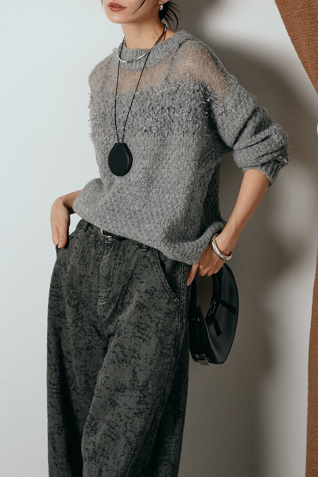 [SET]パターンランダム編みニットトップス+ベルト付きニュアンス柄カーブワイドパンツ(2set)