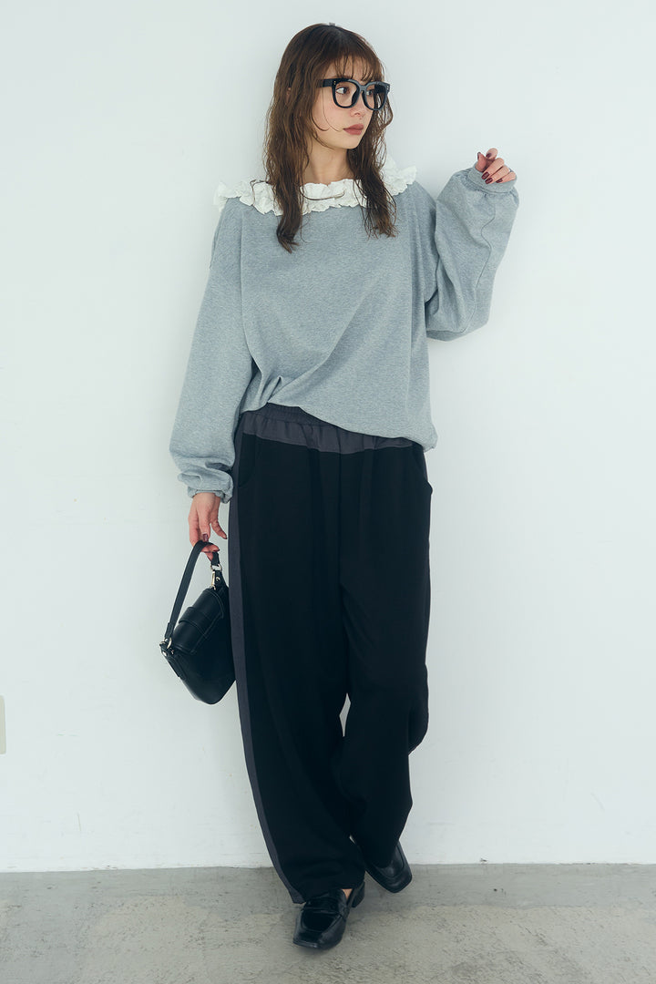 [SET]ネックギャザーフリルスウェット+異素材切り替えスウェットパンツ(2set)