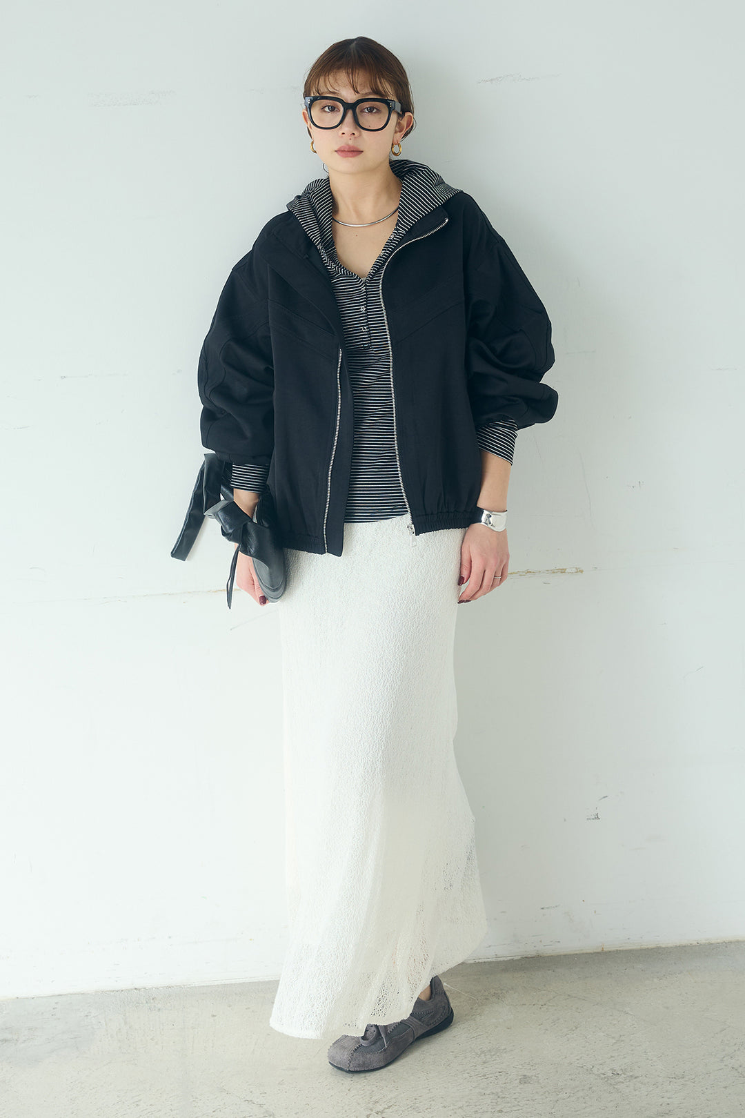 [SET]マルチ切り替えドルマンブルゾン+メッシュ刺繍ロングスカート+ボーダーフーディーロンT(3set)