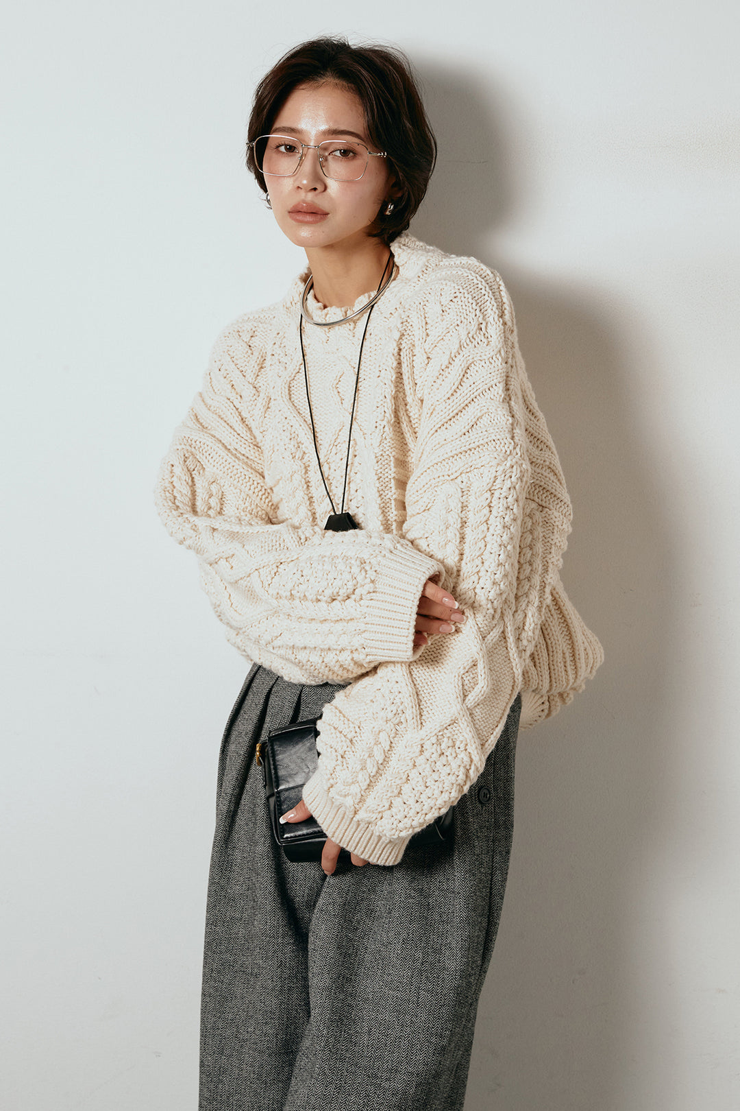 [SET]アラン柄ミックスケーブルニット+サイドボタンツイードタックパンツ(2set)