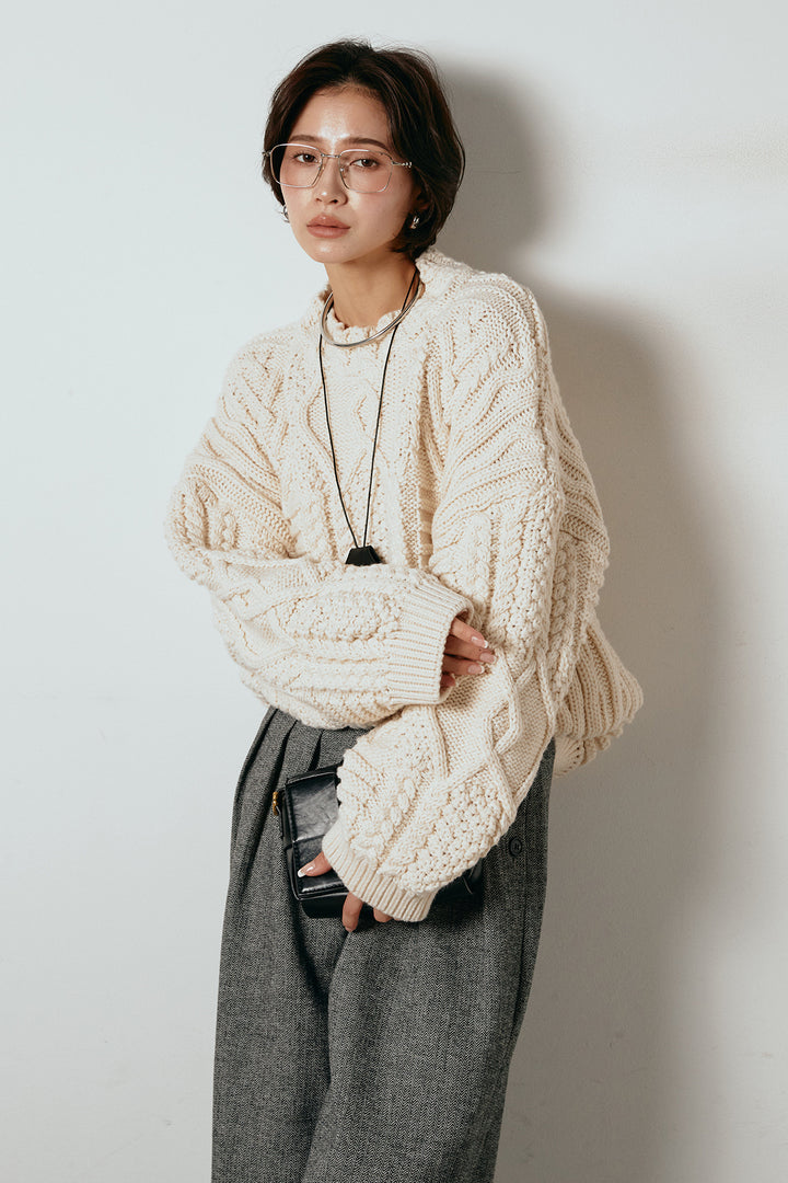 [SET]アラン柄ミックスケーブルニット+サイドボタンツイードタックパンツ(2set)