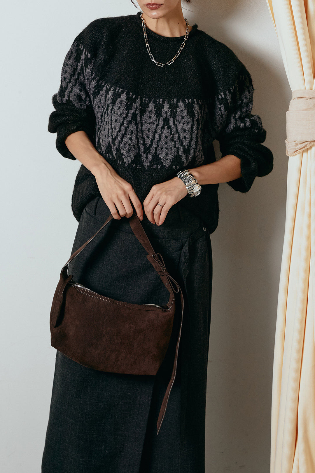 [SET]モノトーン柄ニットトップス+ラップ巻きワイドスラックス(2set)