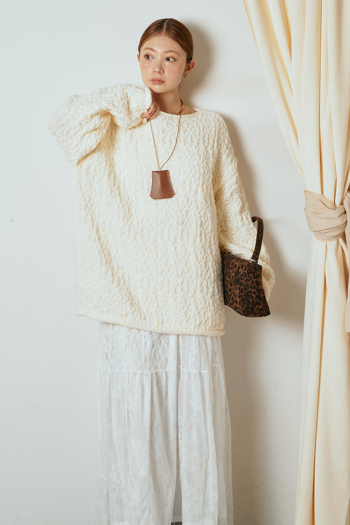 [SET]ボリューム編みニットプルオーバー+ひげレース切替ロング丈スカート(2set)