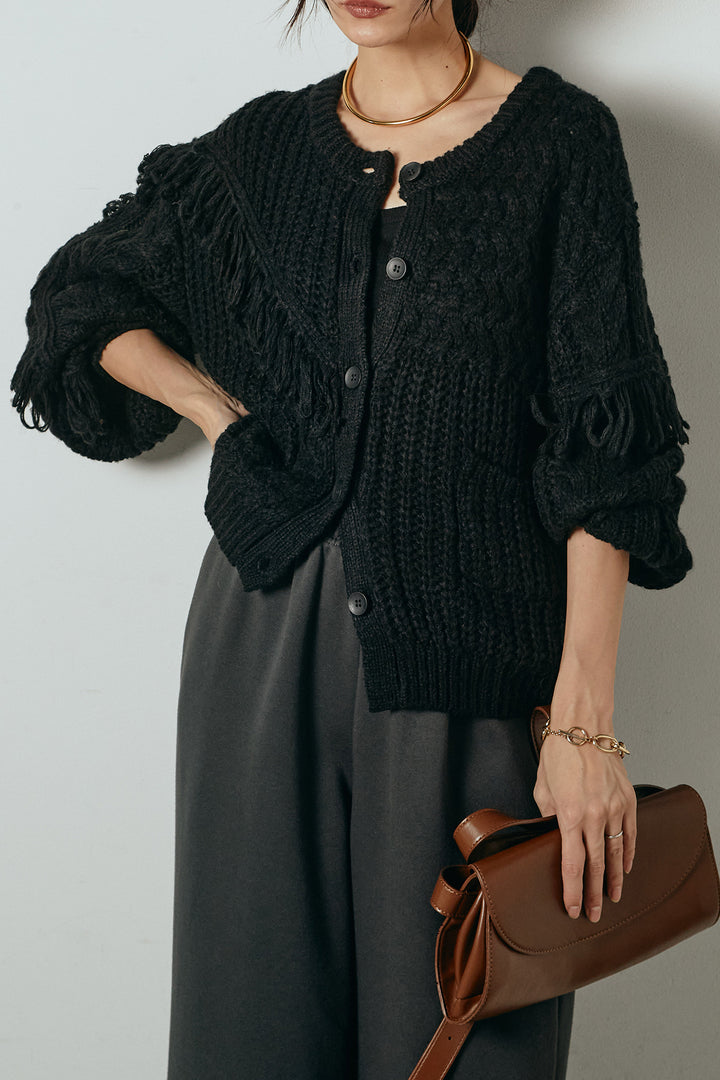 [SET]ランダムフリンジニットカーディガン+裏起毛スウェットワイドパンツ(2set)