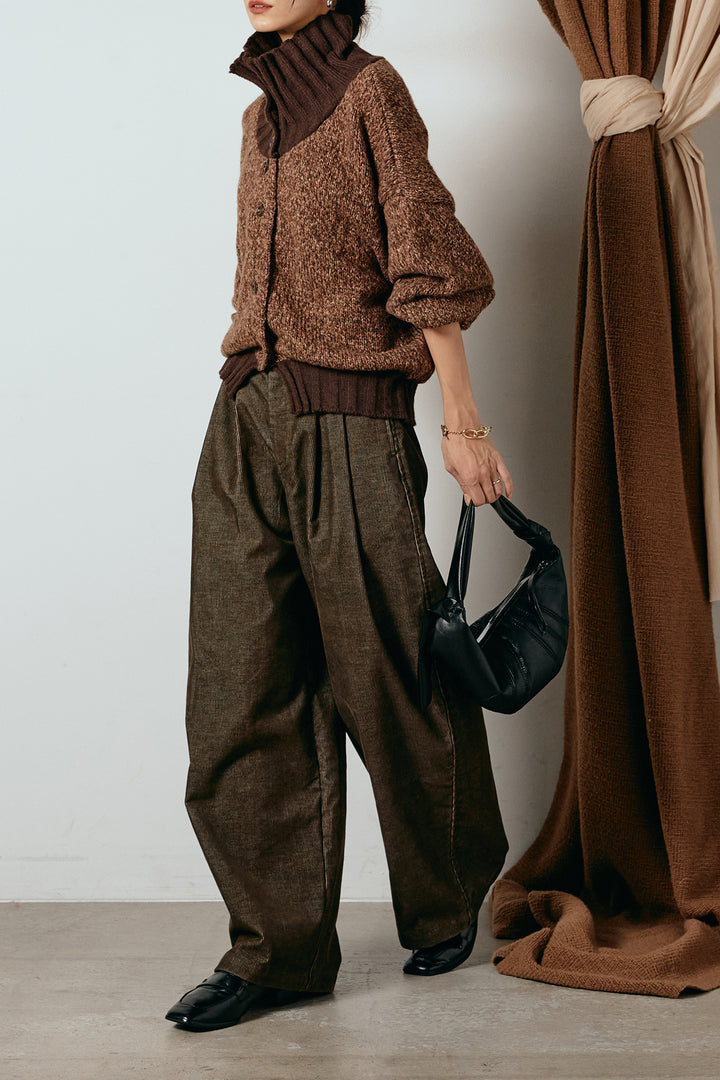 [SET]ハイネックミックスニットカーディガン+フロントタック入りコーデュロイパンツ(2set)