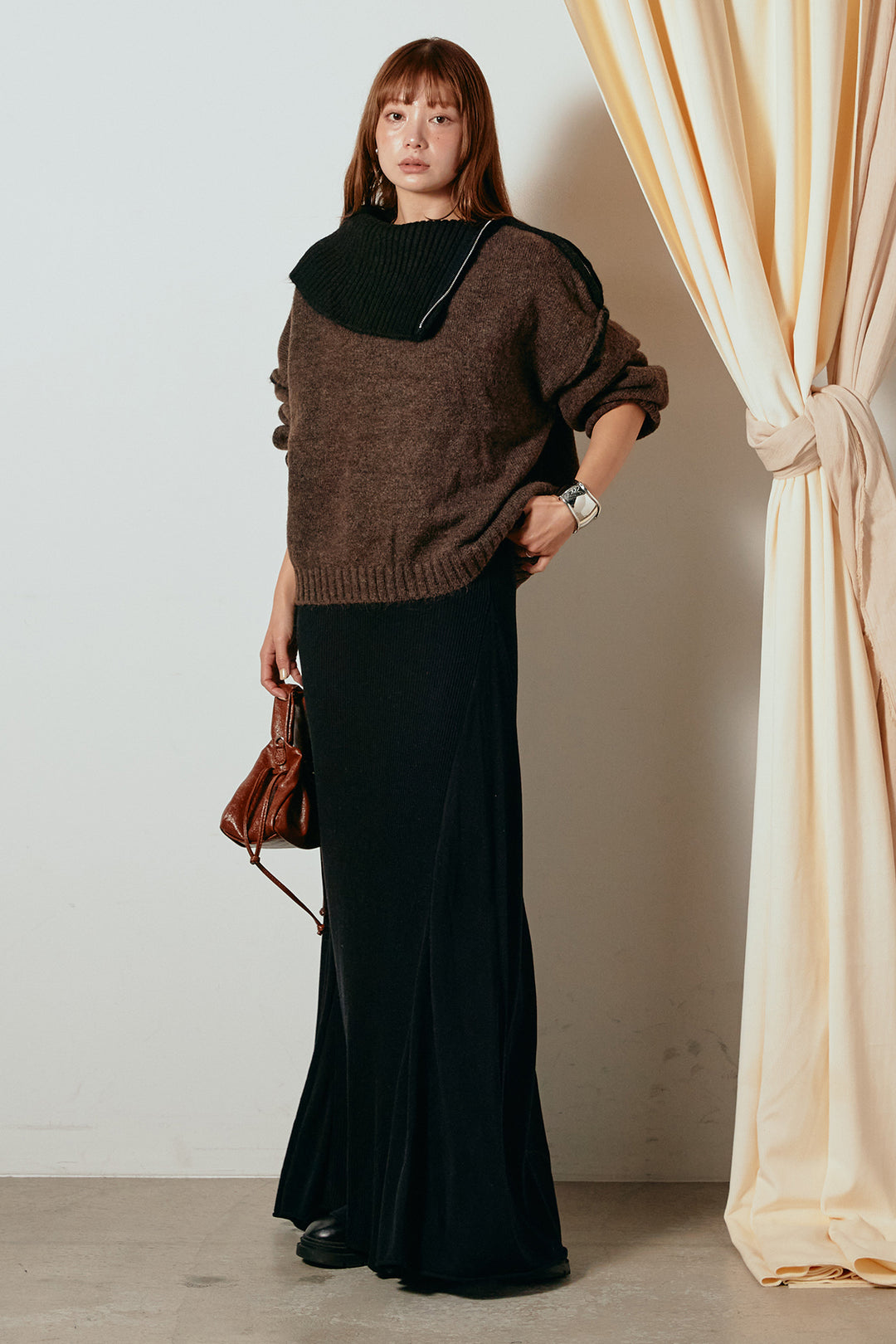 [SET]ハイネックジップデザインニットトップス+サイド切り替えリブニットロングスカート(2set)