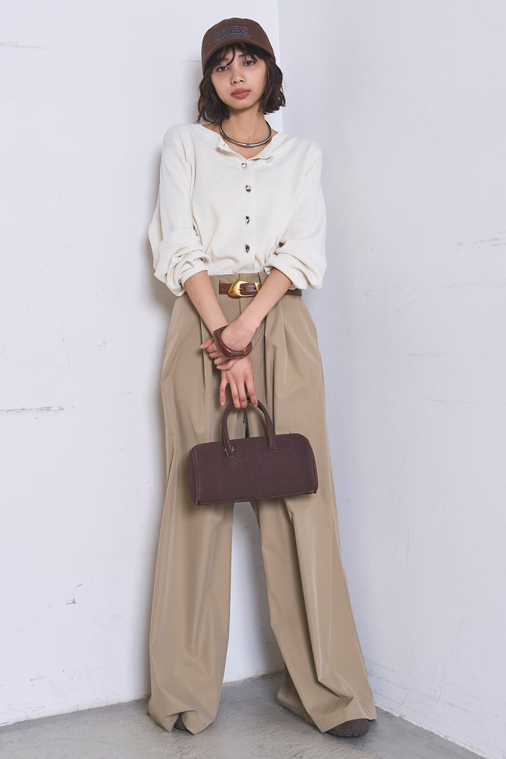 [SET]リサイクルポリニュアンス釦カーデ+ベルトループデザインハイウエストタックパンツ(2set)
