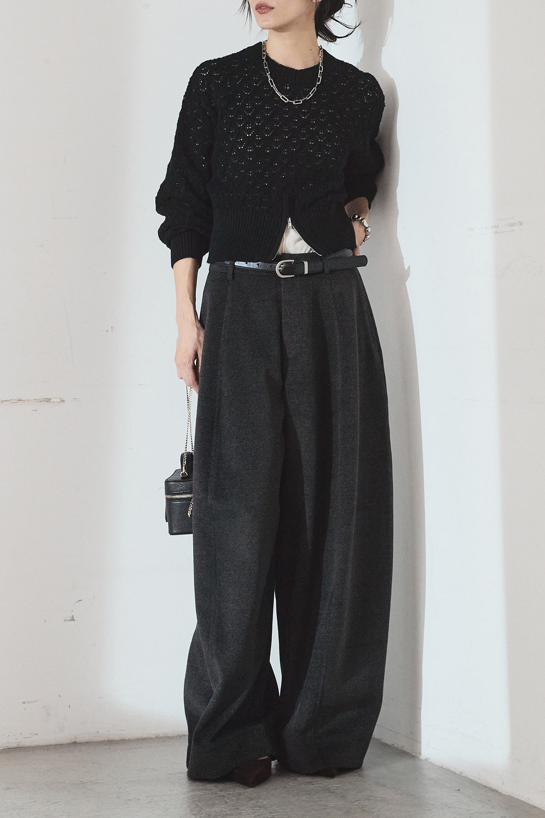 [SET]透かし編みニットジップスリットプルオーバー+ウールタッチカーブワイドパンツ(2set)
