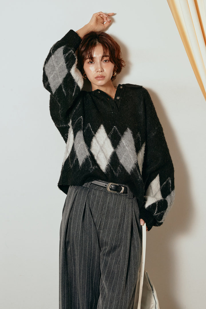 [SET]アーガイル柄ポロニットトップス+ストライプヘリンボーンパンツ(2set)