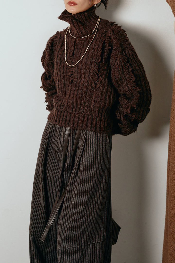 [SET]フリンジタートルショートニット+レザーライク配色ストライプパンツ(2set)