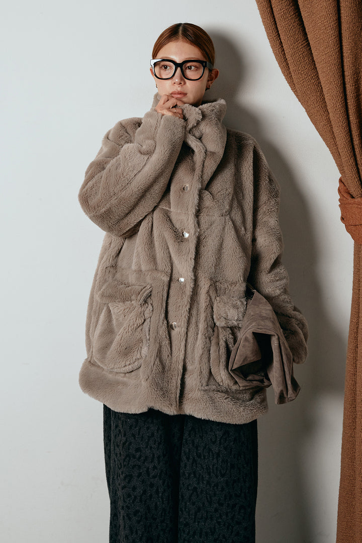 [SET]スタンドネックファーコート+レオパードジャガードニットパンツ(2set)