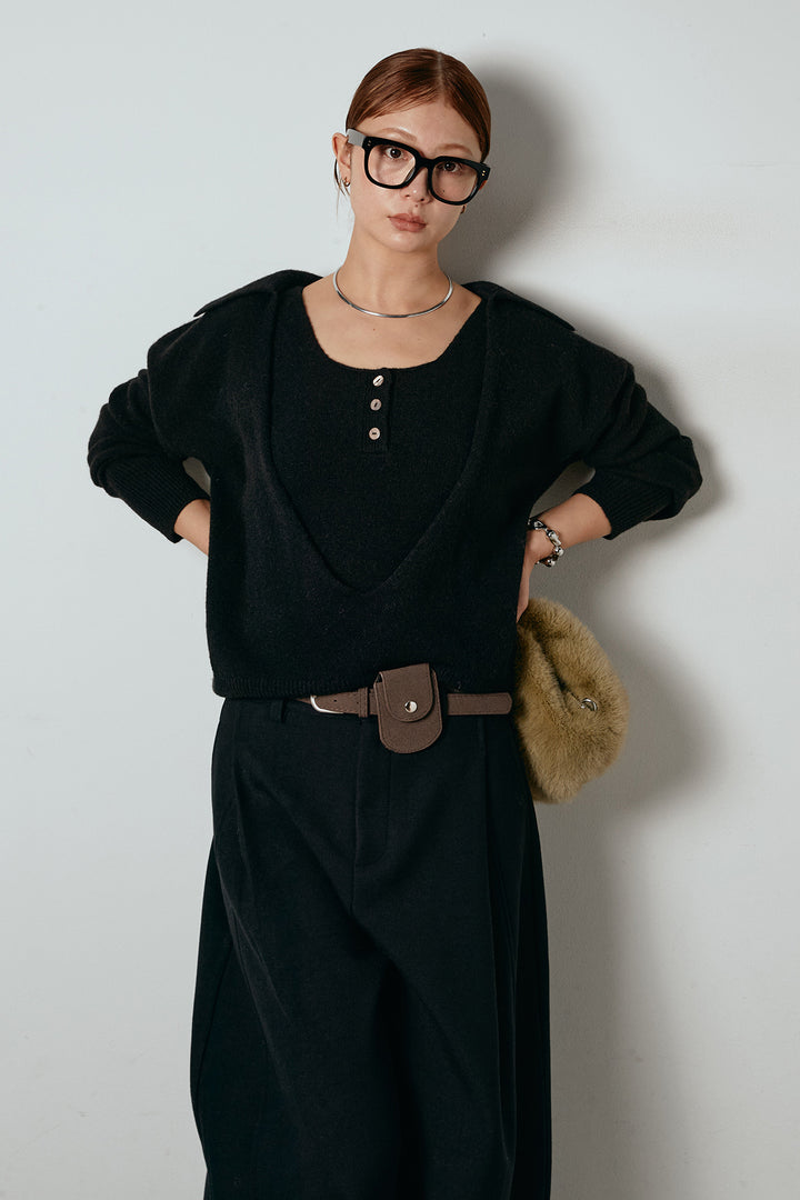 [SET]襟付きレイヤードニットトップス+ポーチベルト付きカーブパンツ(2set)