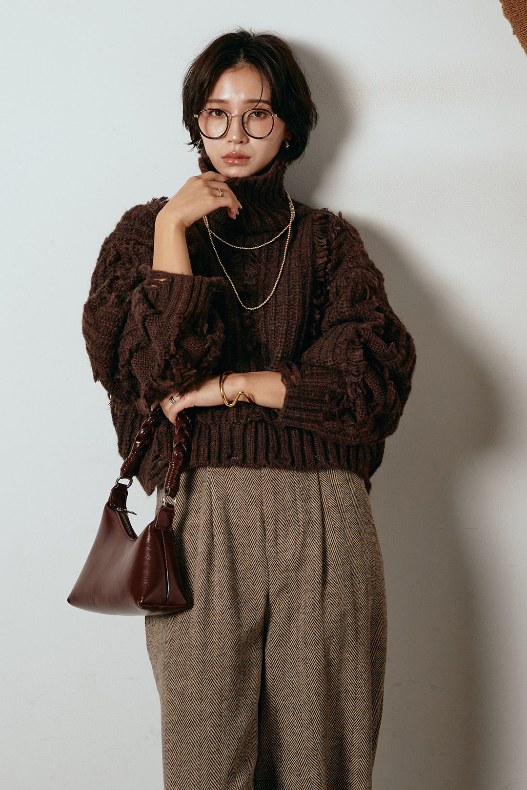 [SET]フリンジタートルショートニット+クラシックヘリンボーンサロペット(2set)