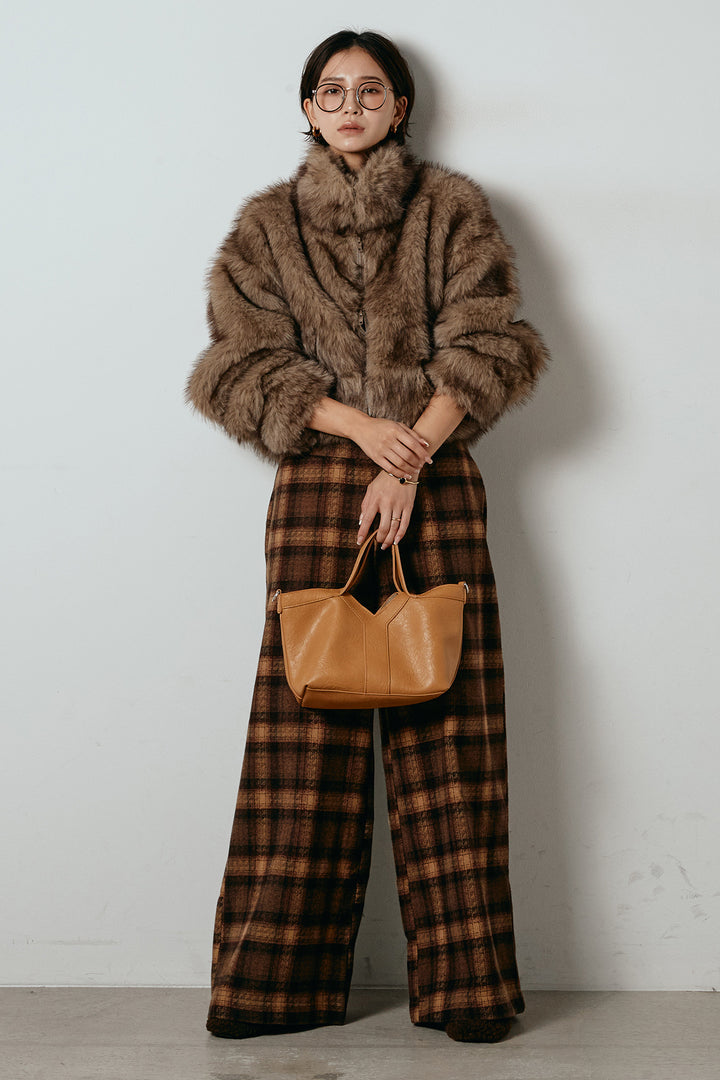 [SET]エコファーショート丈ブルゾン+ルーズタータンチェックワイドパンツ(2set)