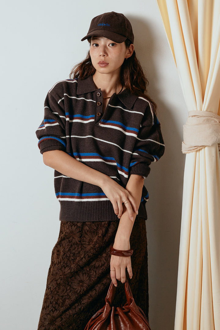 [SET]襟付きマルチボーダーニットポロトップス+花柄刺繍ベロアフレアスカート(2set)