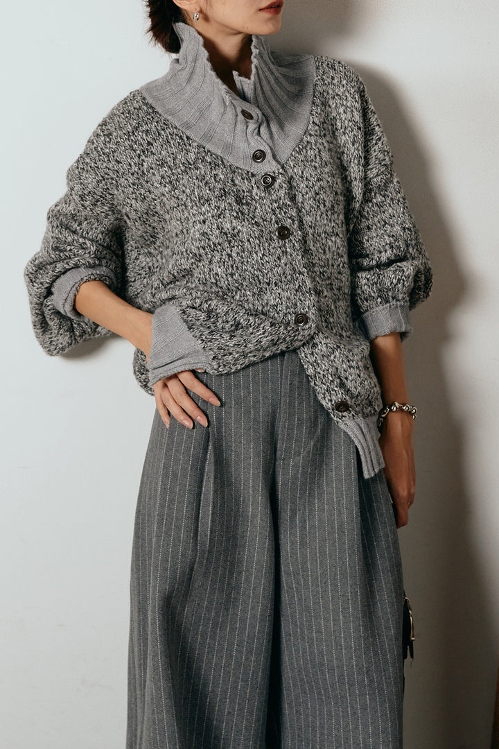 [SET]ハイネックミックスニットカーディガン+ウールライクストライプパンツ(2set)